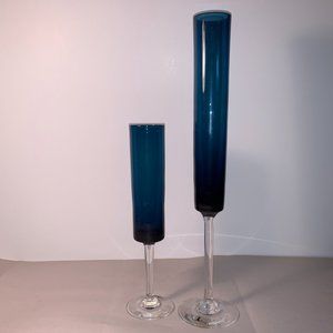 Two Gorgeous long-stemmed glass Vases, sizes 8" and 12", Marine Blue